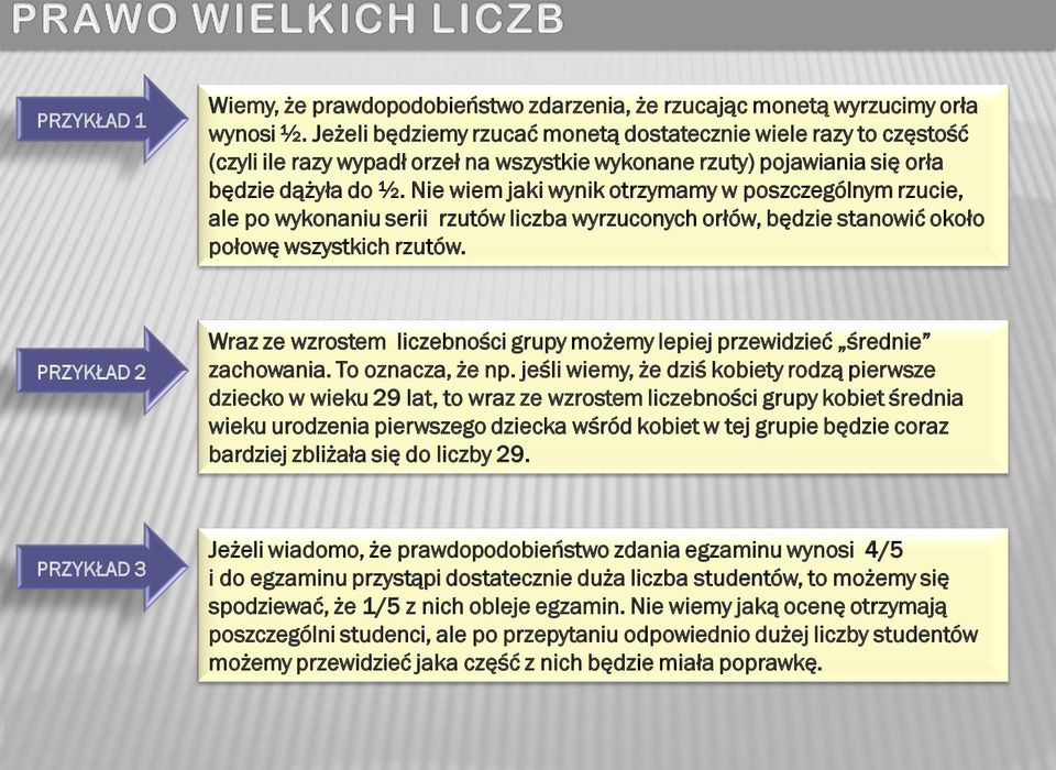 Nie wiem jaki wynik otrzymamy w poszczególnym rzucie, ale po wykonaniu serii rzutów liczba wyrzuconych orłów, będzie stanowić około połowę wszystkich rzutów.