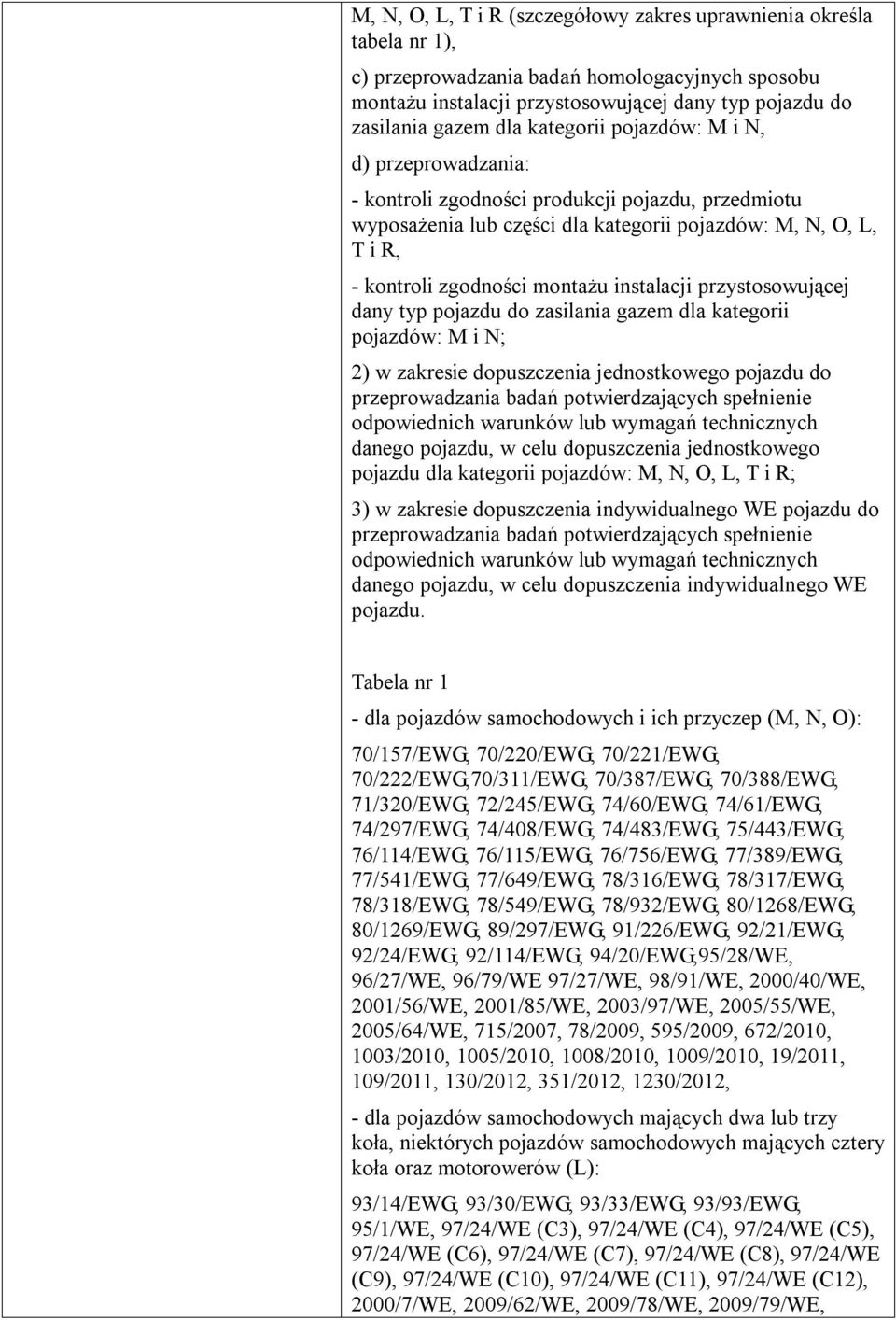 instalacji przystosowującej dany typ pojazdu do zasilania gazem dla kategorii pojazdów: M i N; 2) w zakresie dopuszczenia jednostkowego pojazdu do danego pojazdu, w celu dopuszczenia jednostkowego