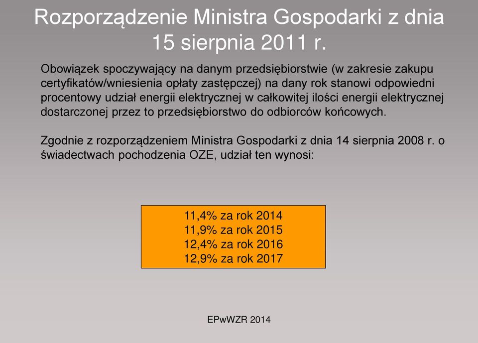 odpowiedni procenowy udział energii elekrycznej w całkowiej ilości energii elekrycznej dosarczonej przez o przedsiębiorswo do