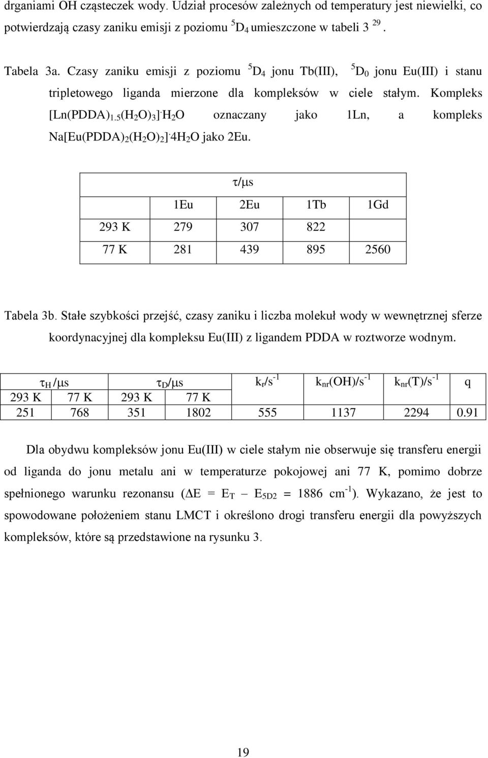 H 2 O oznaczany jako 1Ln, a kompleks Na[Eu(PDDA) 2 (H 2 O) 2 ]. 4H 2 O jako 2Eu. / s 1Eu 2Eu 1Tb 1Gd 293 K 279 307 822 77 K 281 439 895 2560 Tabela 3b.