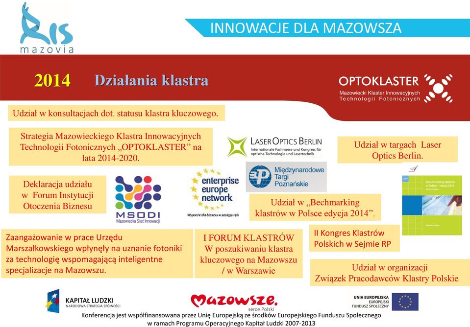 Deklaracja udziału w Forum Instytucji Otoczenia Biznesu Udział w Bechmarking klastrów w Polsce edycja 2014.