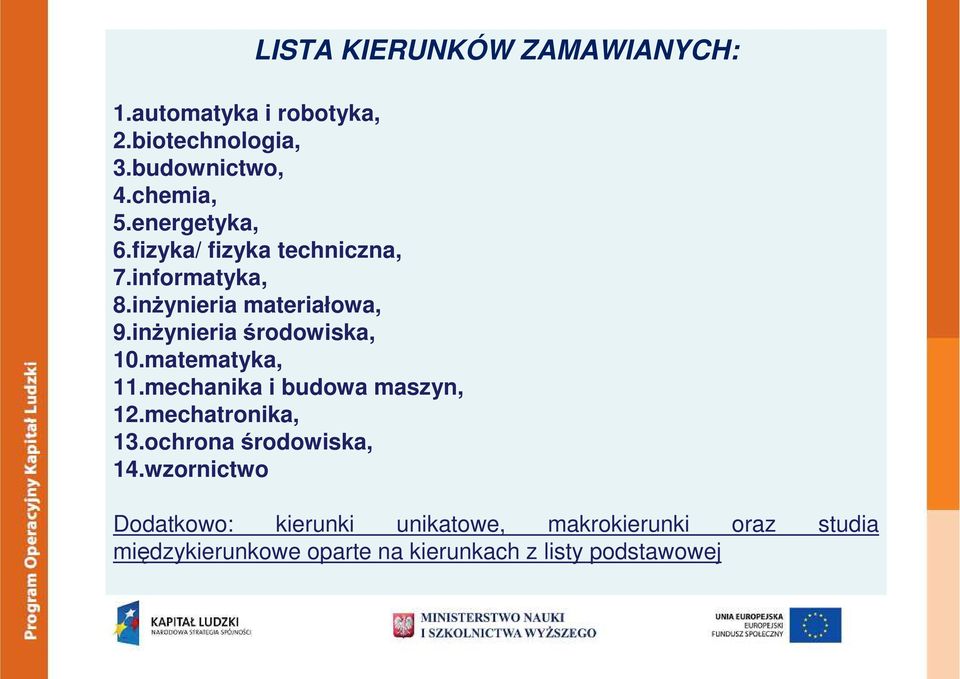 inŜynieria środowiska, 10.matematyka, 11.mechanika i budowa maszyn, 12.mechatronika, 13.