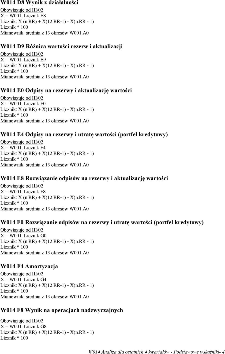 Licznik F4 W014 E8 Rozwiązanie odpisów na rezerwy i aktualizację wartości X = W001.