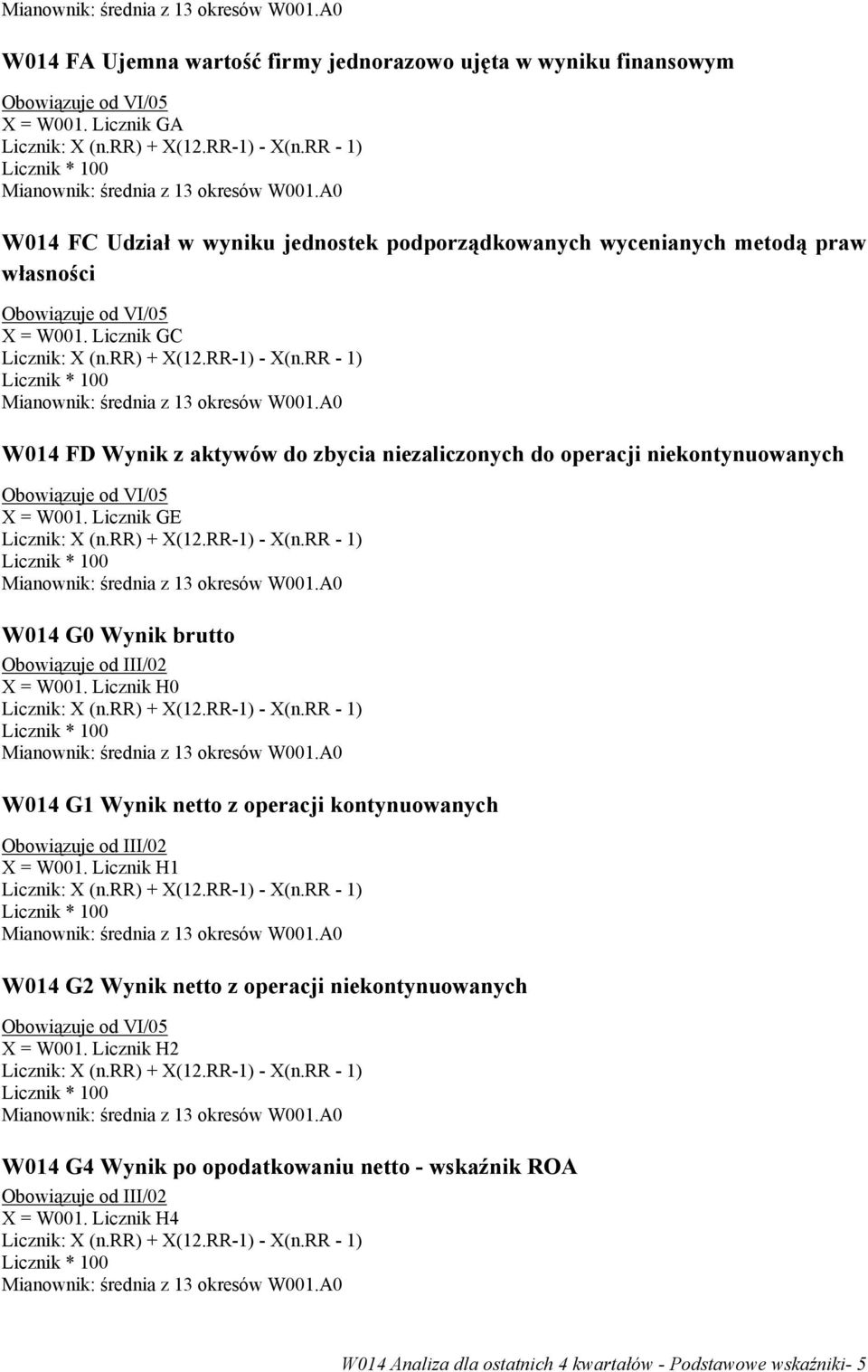 Licznik GC W014 FD Wynik z aktywów do zbycia niezaliczonych do operacji niekontynuowanych X = W001. Licznik GE W014 G0 Wynik brutto X = W001.