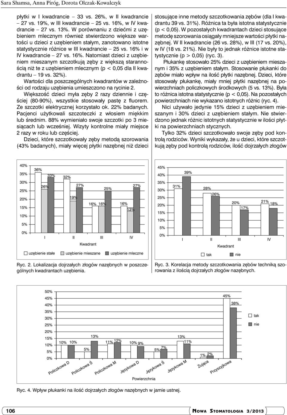 16% i w IV kwadrancie 27 vs. 16%. Natomiast dzieci z uzębieniem mieszanym szczotkują zęby z większą starannością niż te z uzębieniem mlecznym (p < 0,05 dla II kwadrantu 19 vs. 32%).