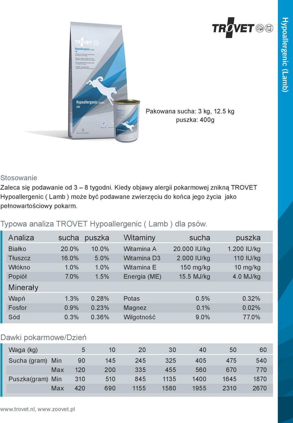 Typowa analiza TROVET Hypoallergenic ( Lamb ) dla psów. Analiza sucha puszka Witaminy sucha puszka Białko 20.0% 10.0% Witamina A 20.000 IU/kg 1.200 IU/kg Tłuszcz 16.0% 5.0% Witamina D3 2.