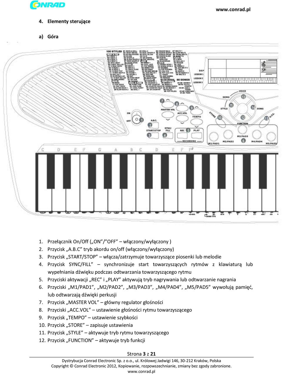 Przycisk SYNC/FILL synchronizuje start towarzyszących rytmów z klawiaturą lub wypełniania dźwięku podczas odtwarzania towarzyszącego rytmu 5.