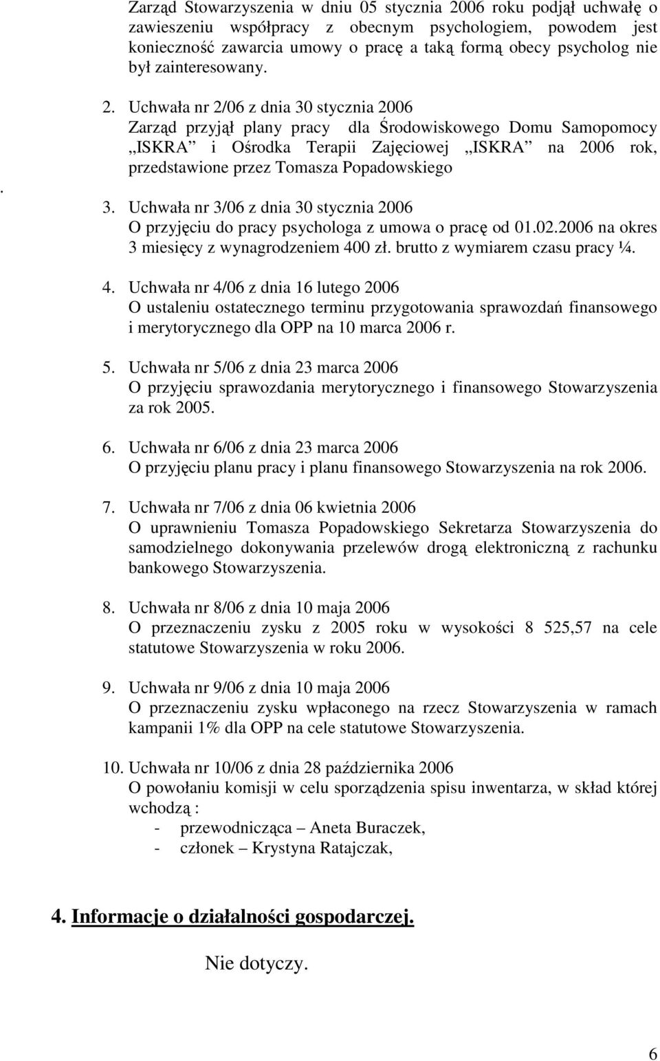 Uchwała nr 2/06 z dnia 30 stycznia 2006 Zarząd przyjął plany pracy dla Środowiskowego Domu Samopomocy ISKRA i Ośrodka Terapii Zajęciowej ISKRA na 2006 rok, przedstawione przez Tomasza Popadowskiego 3.