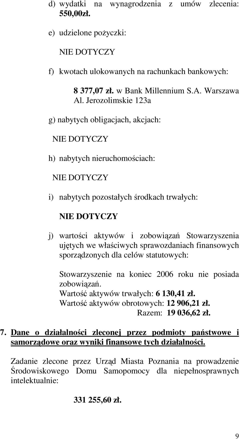 Stowarzyszenia ujętych we właściwych sprawozdaniach finansowych sporządzonych dla celów statutowych: Stowarzyszenie na koniec 2006 roku nie posiada zobowiązań. Wartość aktywów trwałych: 6 130,41 zł.