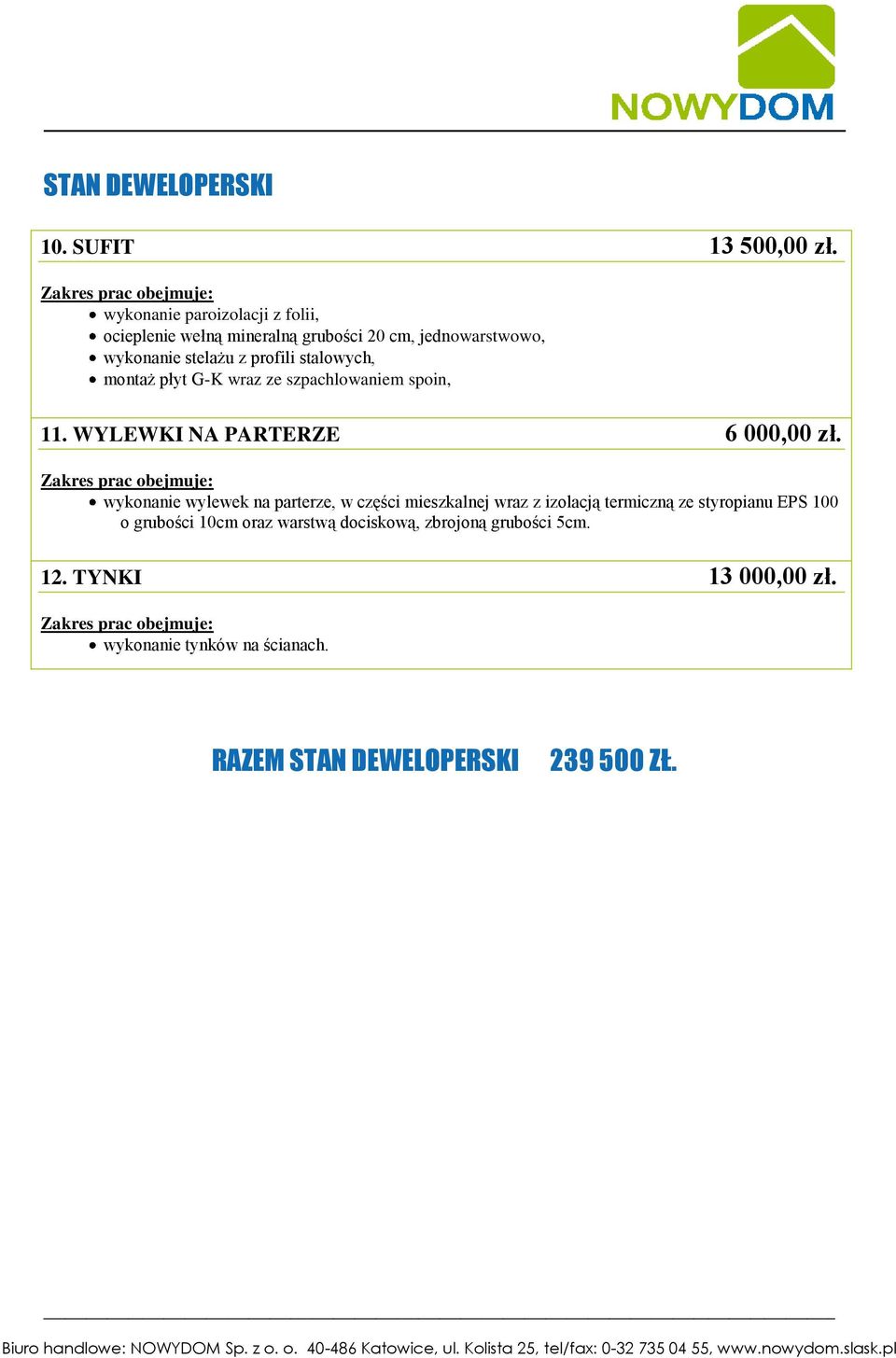 stalowych, montaż płyt G-K wraz ze szpachlowaniem spoin, 11. WYLEWKI NA PARTERZE 6 000,00 zł.