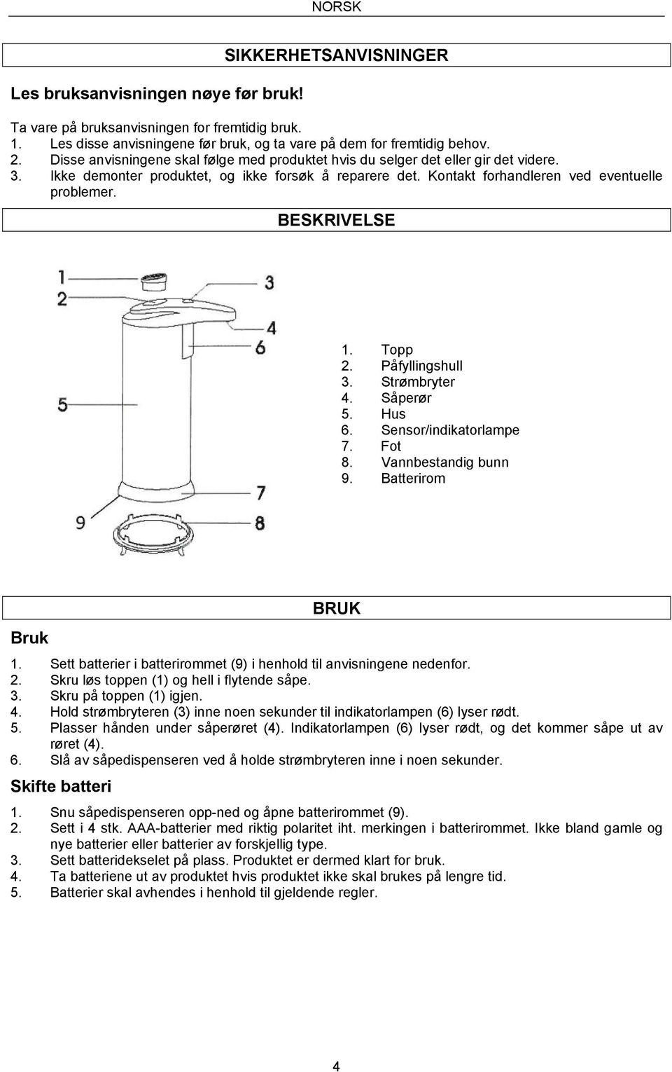 BESKRIVELSE 1. Topp 2. Påfyllingshull 3. Strømbryter 4. Såperør 5. Hus 6. Sensor/indikatorlampe 7. Fot 8. Vannbestandig bunn 9. Batterirom BRUK Bruk 1.