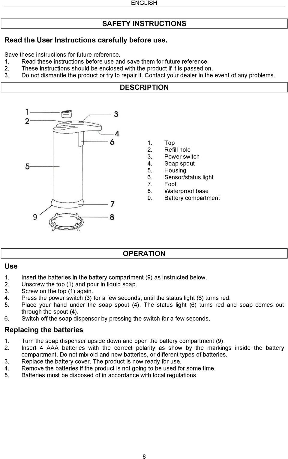 Do not dismantle the product or try to repair it. Contact your dealer in the event of any problems. DESCRIPTION 1. Top 2. Refill hole 3. Power switch 4. Soap spout 5. Housing 6. Sensor/status light 7.