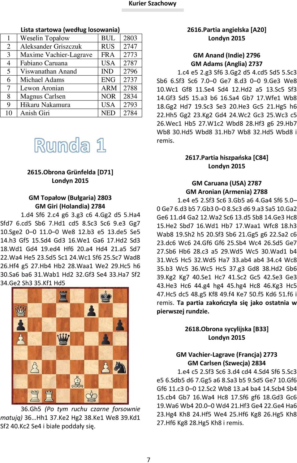 Obrona Grünfelda [D71] Londyn 2015 GM Topałow (Bułgaria) 2803 GM Giri (Holandia) 2784 1.d4 Sf6 2.c4 g6 3.g3 c6 4.Gg2 d5 5.Ha4 Sfd7 6.cd5 Sb6 7.Hd1 cd5 8.Sc3 Sc6 9.e3 Gg7 10.Sge2 0 0 11.0 0 We8 12.