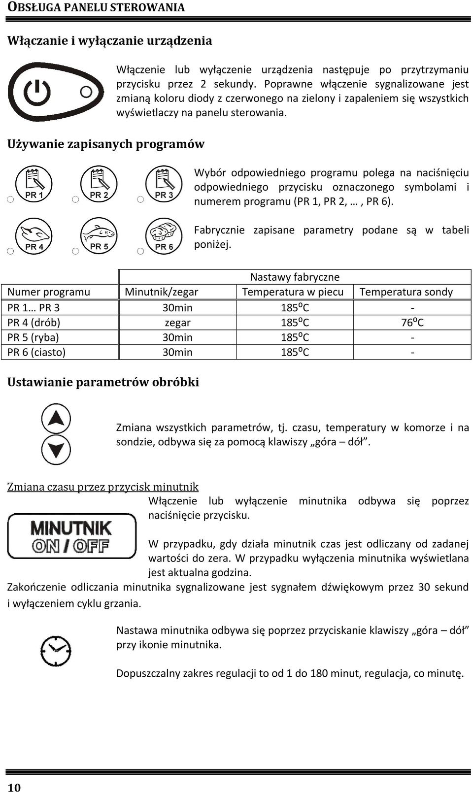 Wybór odpowiedniego programu polega na naciśnięciu odpowiedniego przycisku oznaczonego symbolami i numerem programu (PR 1, PR 2,, PR 6). Fabrycznie zapisane parametry podane są w tabeli poniżej.