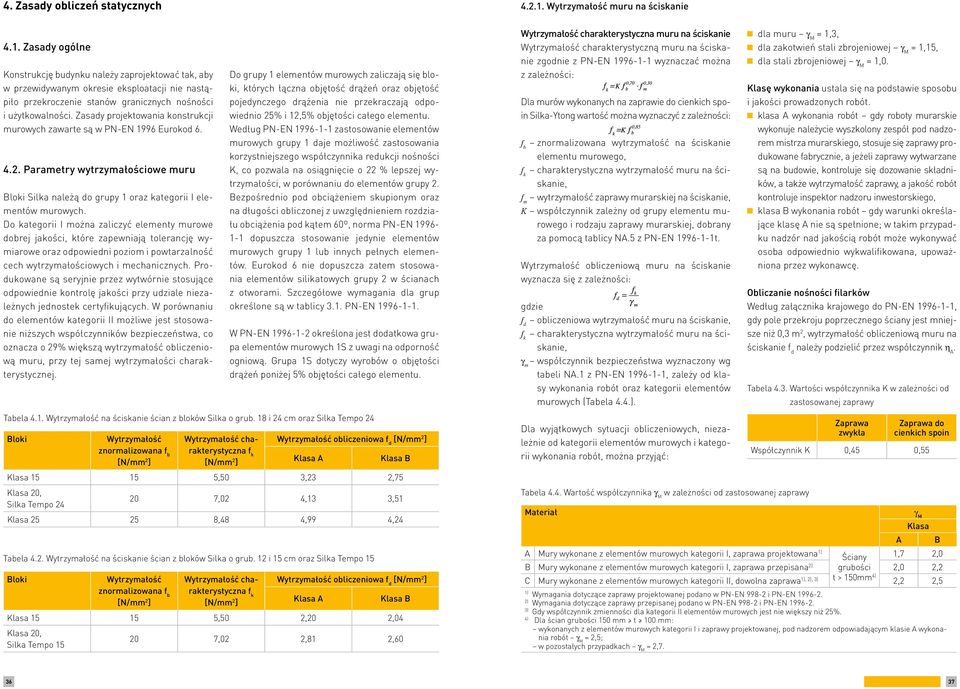 Zasady projektowania konstrukcji murowych zawarte są w PN-EN 1996 Eurokod 6. 4.2. Parametry wytrzymałościowe muru Bloki Silka należą do grupy 1 oraz kategorii I elementów murowych.