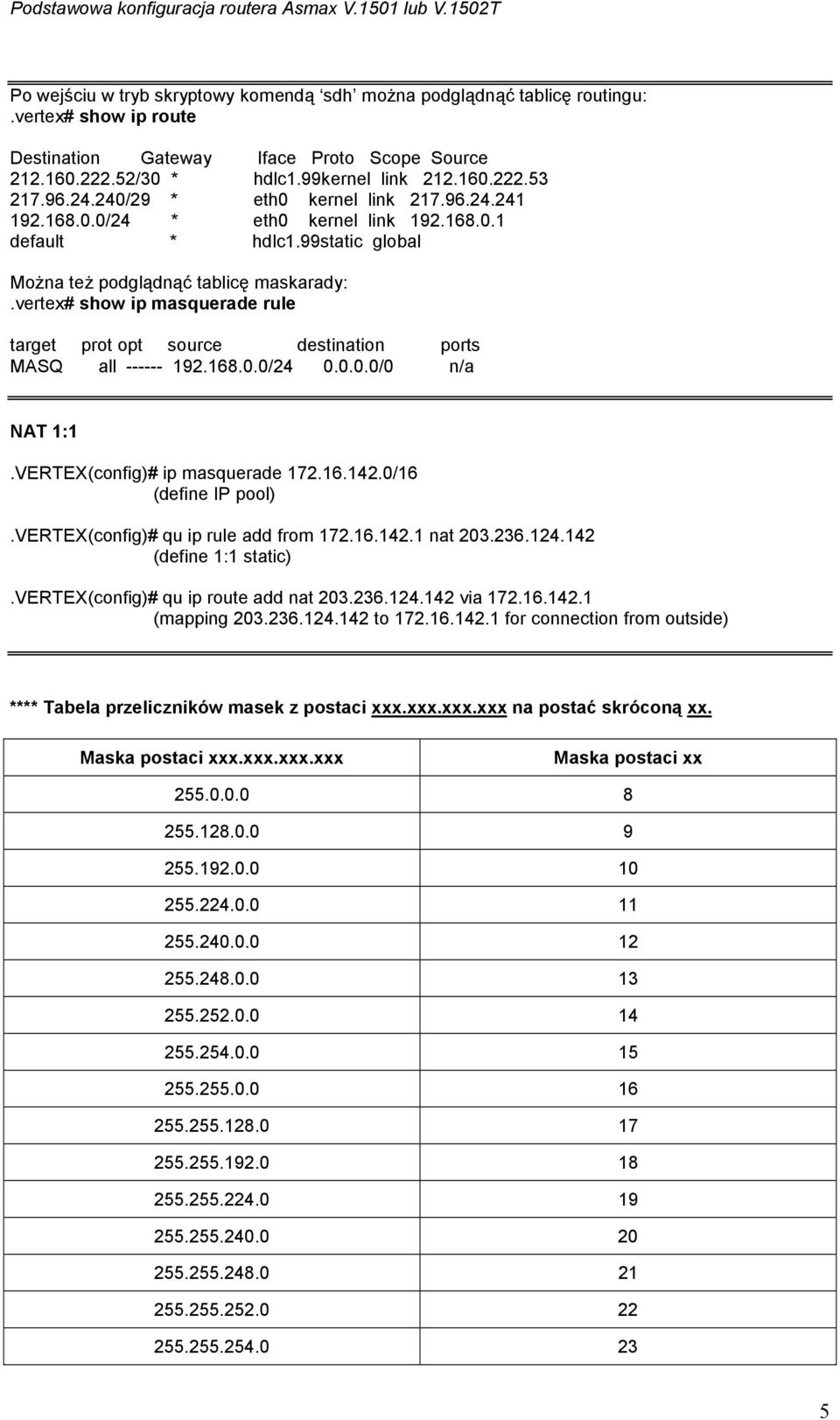 vertex# show ip masquerade rule target prot opt source destination ports MASQ all ------ 192.168.0.0/24 0.0.0.0/0 n/a NAT 1:1.VERTEX(config)# ip masquerade 172.16.142.0/16 (define IP pool).