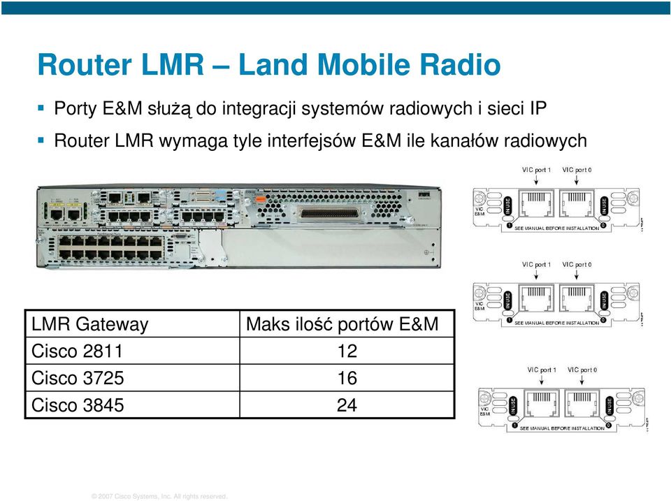 wymaga tyle interfejsów E&M ile kanałów radiowych LMR