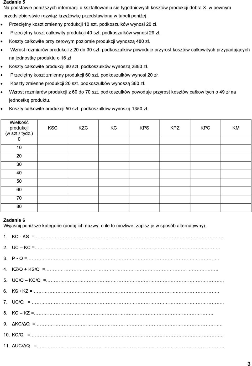 Koszty całkowite przy zerowym poziomie produkcji wynoszą 480 zł. Wzrost rozmiarów produkcji z 20 do 30 szt.