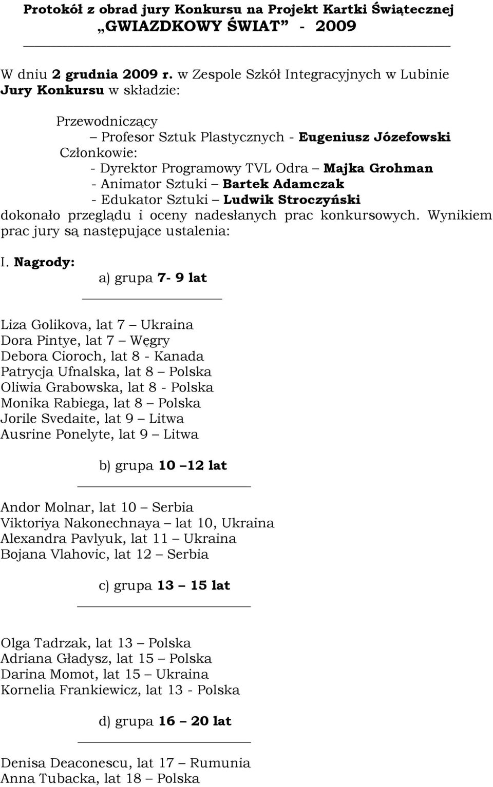 Animator Sztuki Bartek Adamczak - Edukator Sztuki Ludwik Stroczyński dokonało przeglądu i oceny nadesłanych prac konkursowych. Wynikiem prac jury są następujące ustalenia: I.