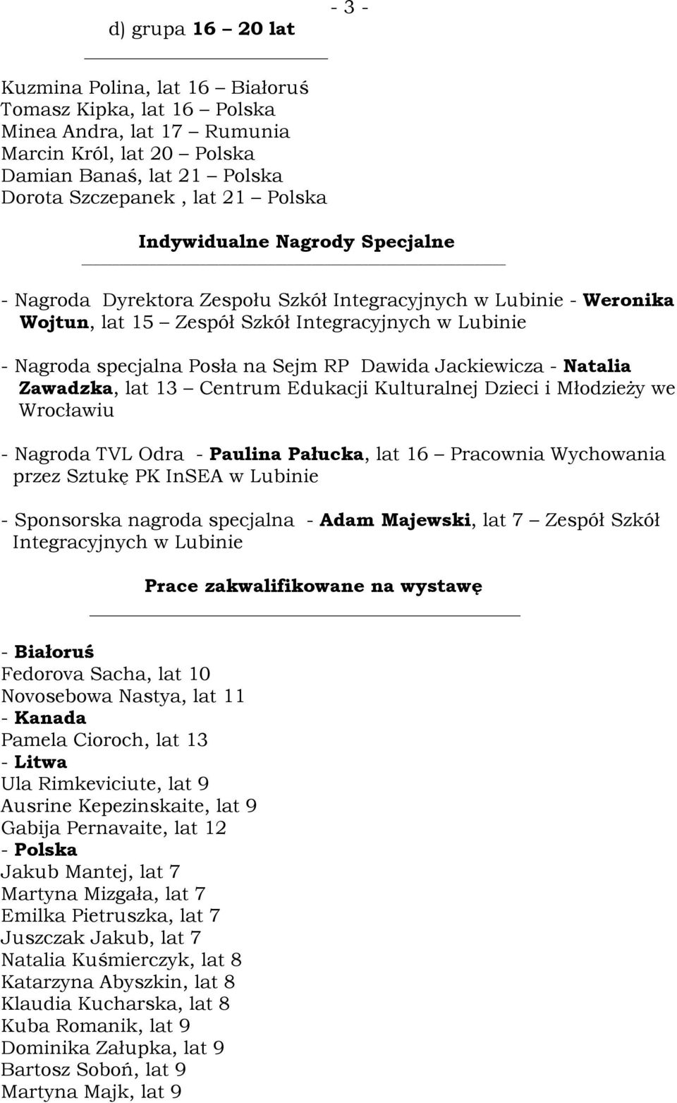 Dawida Jackiewicza - Natalia Zawadzka, lat 13 Centrum Edukacji Kulturalnej Dzieci i Młodzieży we Wrocławiu - Nagroda TVL Odra - Paulina Pałucka, lat 16 Pracownia Wychowania przez Sztukę PK InSEA w