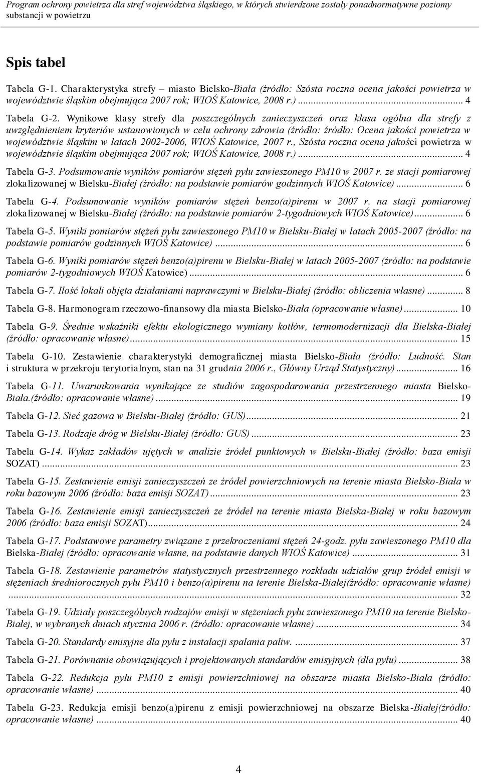 województwie śląskim w latach 2002-2006, WIOŚ Katowice, 2007 r., Szósta roczna ocena jakości powietrza w województwie śląskim obejmująca 2007 rok; WIOŚ Katowice, 2008 r.)... 4 Tabela G-3.