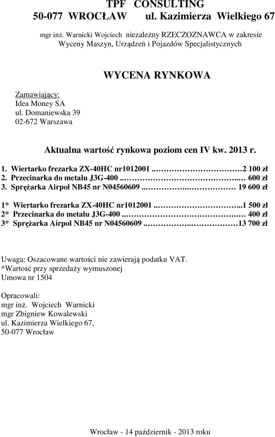 Domaniewska 39 02-672 Warszawa WYCENA RYNKOWA Aktualna wartość rynkowa poziom cen IV kw. 2013 r. 1. Wiertarko frezarka ZX-40HC nr1012001.. 2 100 zł 2. Przecinarka do metalu J3G-400.... 600 zł 3.