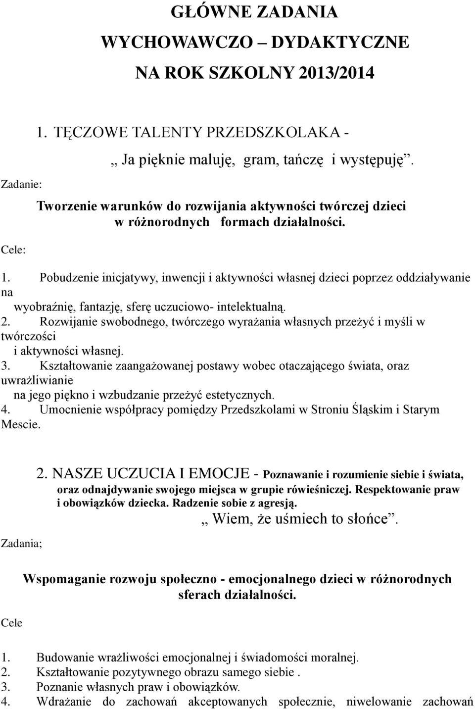 Pobudzenie inicjatywy, inwencji i aktywności własnej dzieci poprzez oddziaływanie na wyobraźnię, fantazję, sferę uczuciowo- intelektualną. 2.