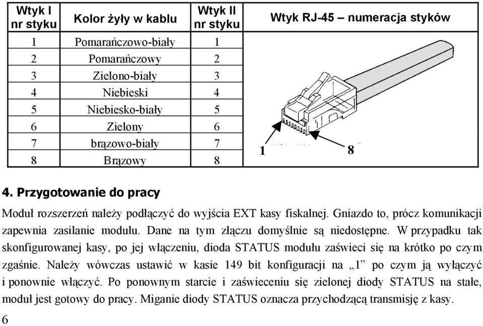 Dane na tym złączu domyślnie są niedostępne. W przypadku tak skonfigurowanej kasy, po jej włączeniu, dioda STATUS modułu zaświeci się na krótko po czym zgaśnie.