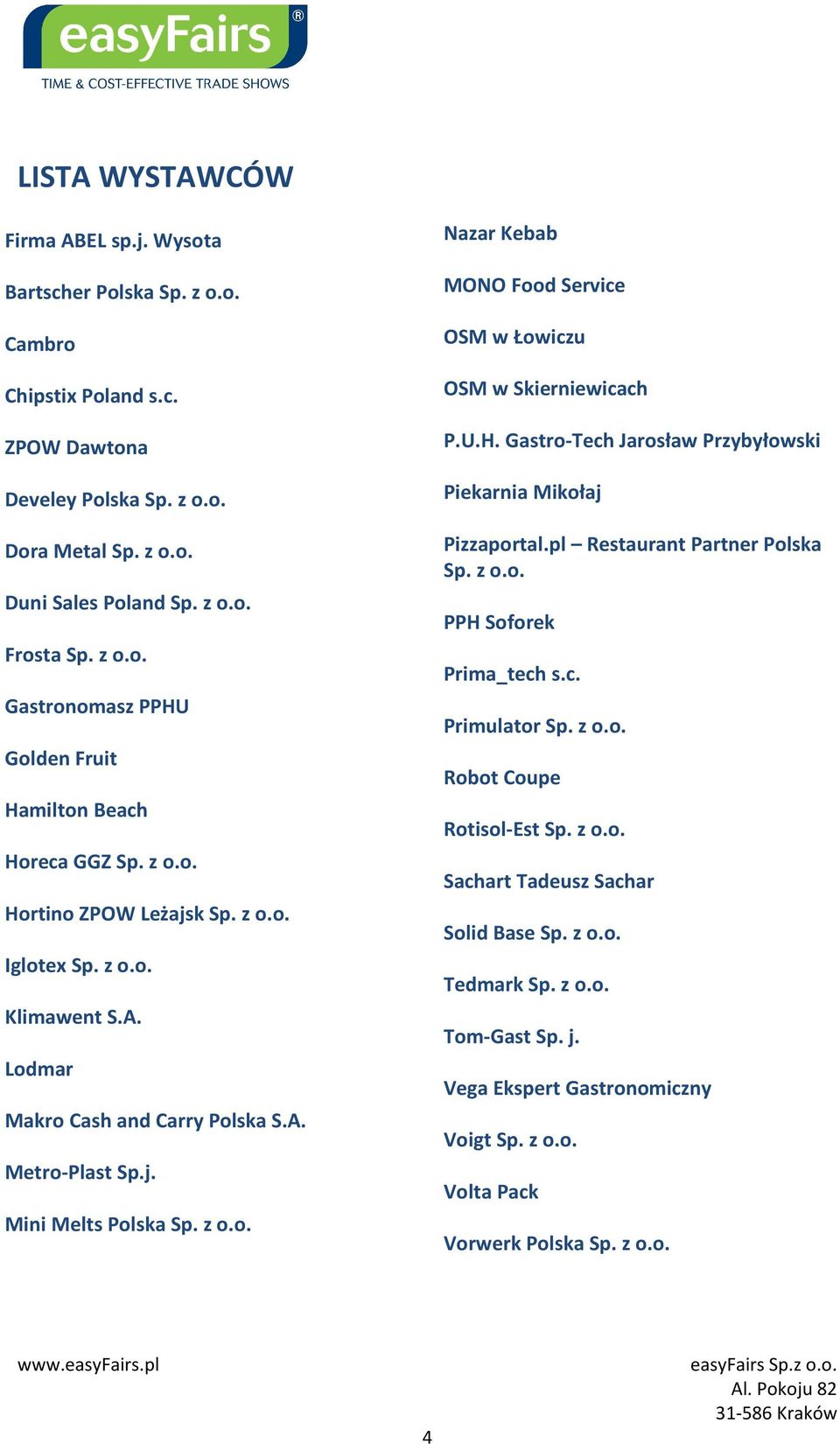 j. Mini Melts Polska Sp. z o.o. Nazar Kebab MONO Food Service OSM w Łowiczu OSM w Skierniewicach P.U.H. Gastro-Tech Jarosław Przybyłowski Piekarnia Mikołaj Pizzaportal.pl Restaurant Partner Polska Sp.