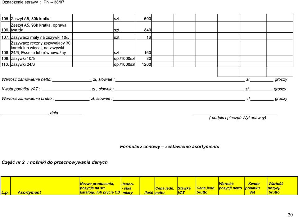 /1000szt 1200 Wartość zamówienia netto: zł, słownie : zł groszy Kwota podatku VAT : zł, słownie: zł groszy Wartość zamówienia brutto : zł, słownie : zł groszy, dnia ( podpis i pieczęć Wykonawcy)