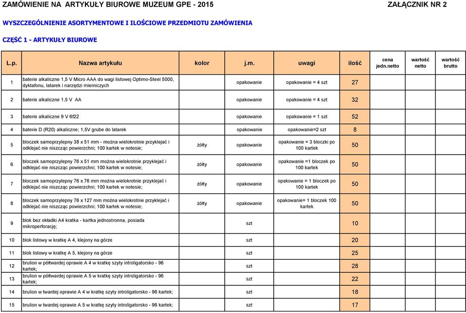 netto wartość netto wartość brutto 1 baterie alkaliczne 1,5 V Micro AAA do wagi listowej Optimo-Steel 5000, dyktafonu, latarek i narzędzi mierniczych = 4 szt 27 2 baterie alkaliczne 1,5 V AA = 4 szt