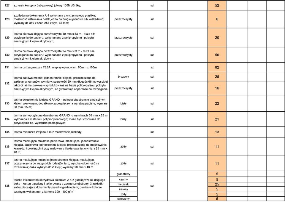 65 mm; przezroczysty szt 6 129 taśma biurowa klejąca przeźroczysta 19 mm x 33 m - duża siła przylegania do papieru; wykonanana z polipropylenu i pokryta emulsyjnym klejem akrylowym; przezroczysty szt