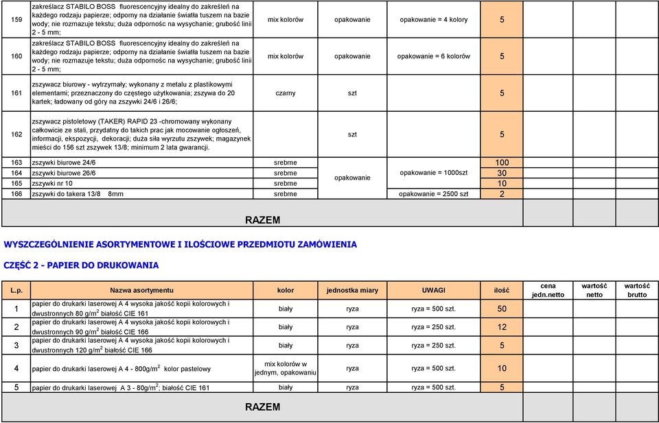 duża odpornośc na wysychanie; grubość linii 2-5 mm; zszywacz biurowy - wytrzymały; wykonany z metalu z plastikowymi elementami; przeznaczony do częstego użytkowania; zszywa do 20 kartek; ładowany od