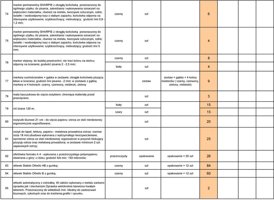 okrągłą końcówką przeznaczony do ogólnego użytku; do pisania, zakreślania i wykonywania oznaczeń na większości materiałów, również na metalu, tworzywie sztucznym, szkle; światło- i wodoodporny tusz o