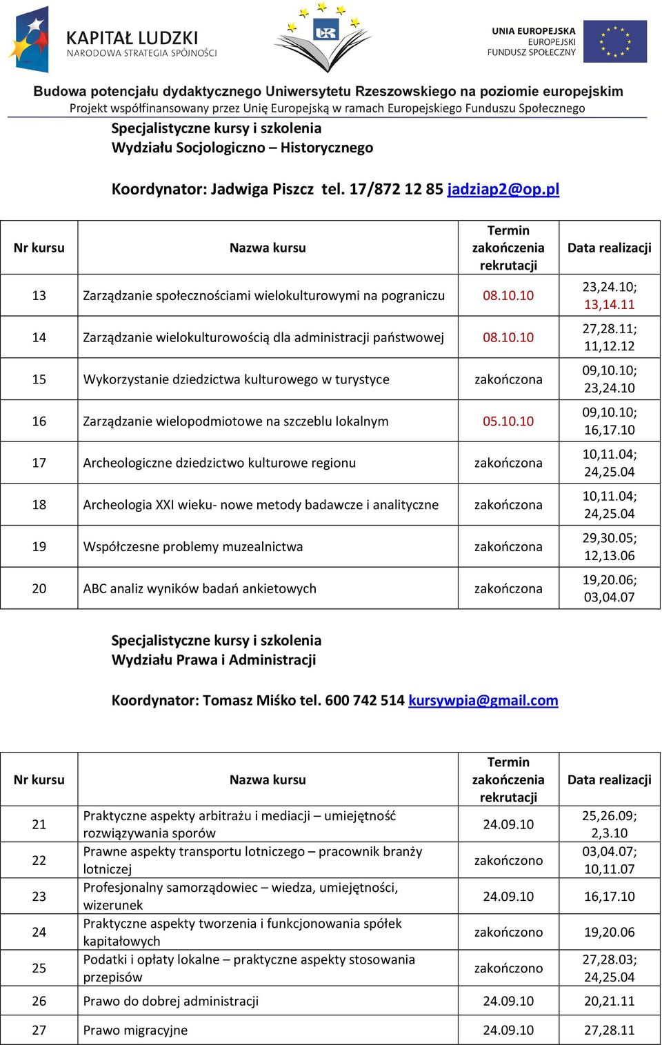 11 ; 16,17.10 10,11.04; 10,11.04; 29,30.05; 12,13.06 19,20.06; 03,04.07 Wydziału Prawa i Administracji Koordynator: Tomasz Miśko tel. 600 742 514 kursywpia@gmail.