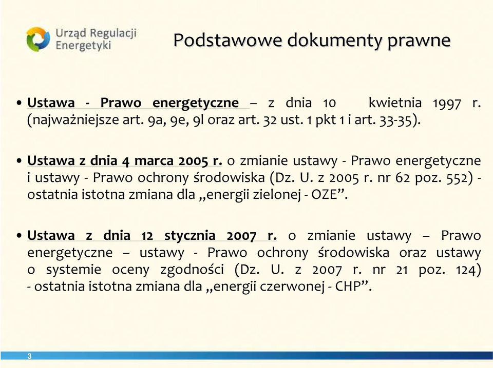 nr 62 poz. 552) - ostatnia istotna zmiana dla energii zielonej - OZE. Ustawa z dnia 12 stycznia 2007 r.