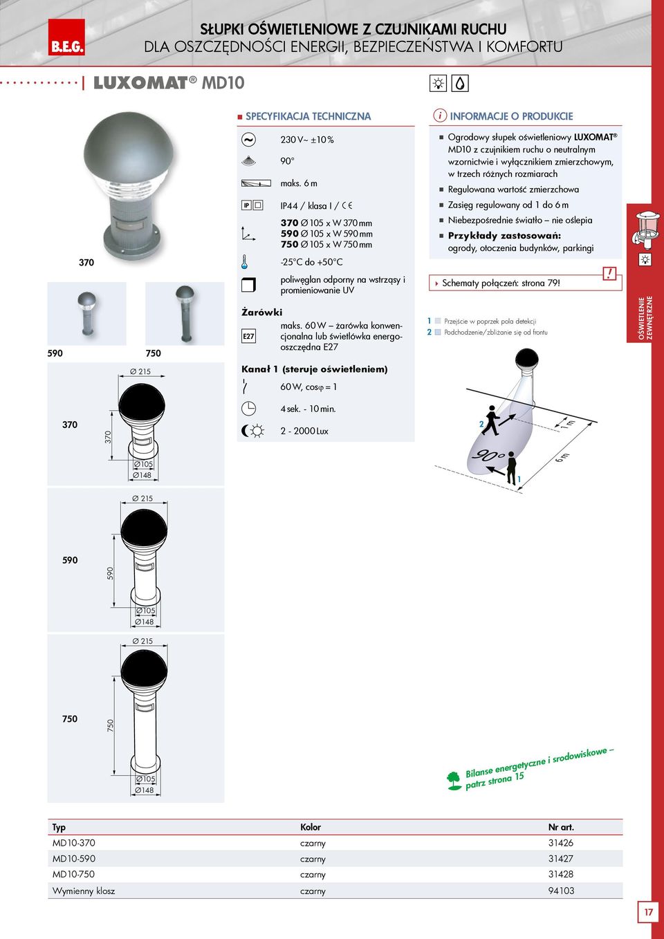 Zasięg regulowany od 1 do 6 m 370 Ø 105 x W 370 mm 590 Ø 105 x W 590 mm 750 Ø 105 x W 750 mm Niebezpośrednie światło nie oślepia ogrody, otoczenia budynków, parkingi 370-25 C do +50 C poliwęglan