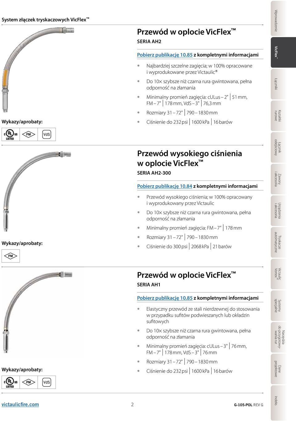 culus 2" 51 mm, FM 7" 178 mm, VdS 3" 76,3 mm Rozmiary 31 72" 790 1830 mm Ciśnienie do 232 psi 1600 kpa 16 barów Przewód wysokiego ciśnienia w oplocie VicFlex SERIA AH2-300 Pobierz publikację 10.