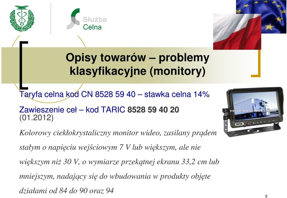 2012) Kolorowy ciekłokrystaliczny monitor wideo, zasilany prądem stałym o napięciu wejściowym 7 V lub