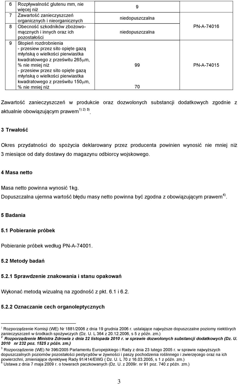 prześwitu 150m, % nie mniej niż 9 niedopuszczalna niedopuszczalna 99 70 PN-A-74016 PN-A-74015 Zawartość zanieczyszczeń w produkcie oraz dozwolonych substancji dodatkowych zgodnie z aktualnie