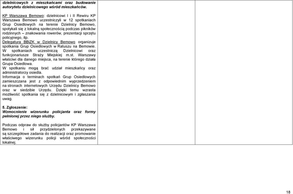 rodzinnych znakowania rowerów, prezentacji sprzętu policyjnego, itp. Delegatura BBiZK w Dzielnicy Bemowo organizuje spotkania Grup Osiedlowych w Ratuszu na Bemowie.