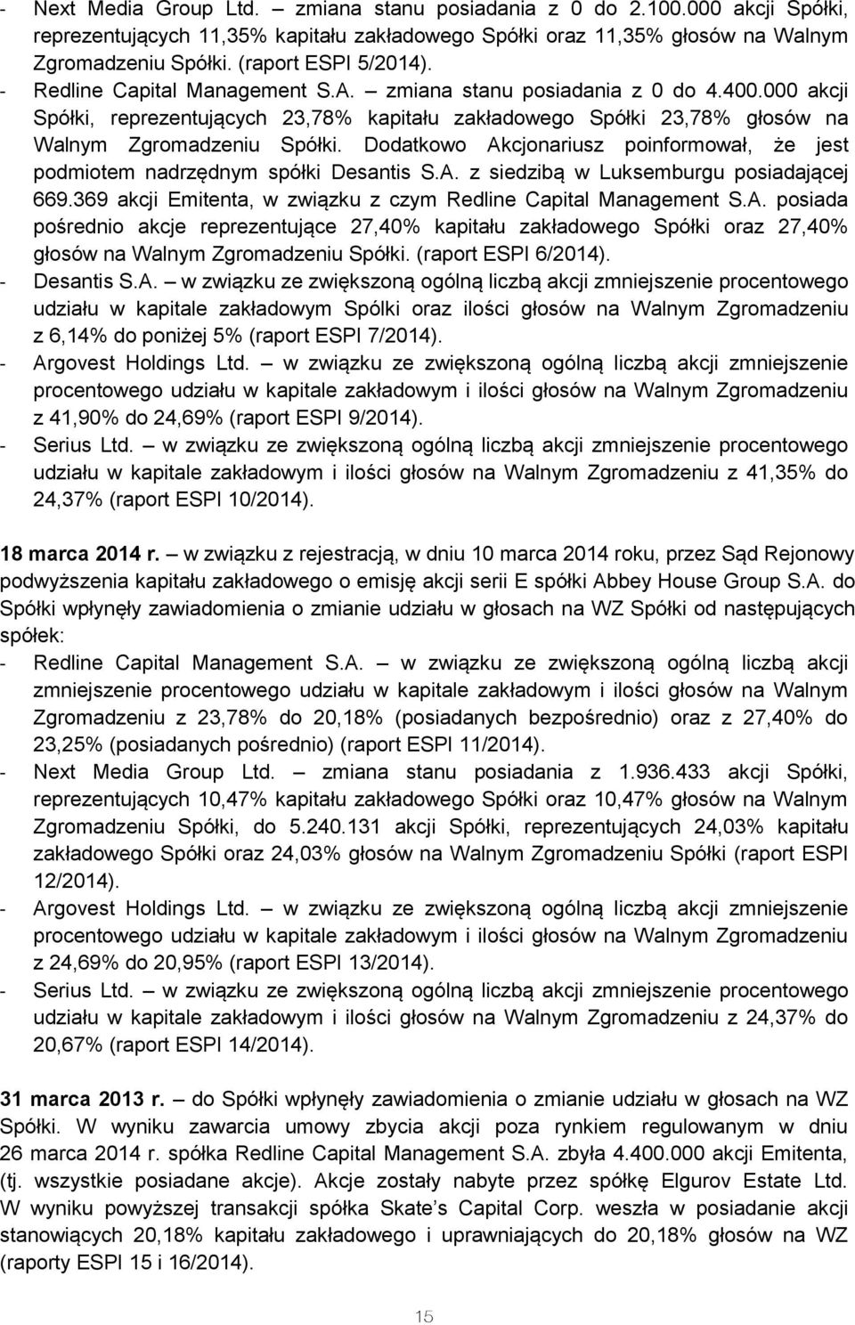 000 akcji Spółki, reprezentujących 23,78% kapitału zakładowego Spółki 23,78% głosów na Walnym Zgromadzeniu Spółki. Dodatkowo Akcjonariusz poinformował, że jest podmiotem nadrzędnym spółki Desantis S.