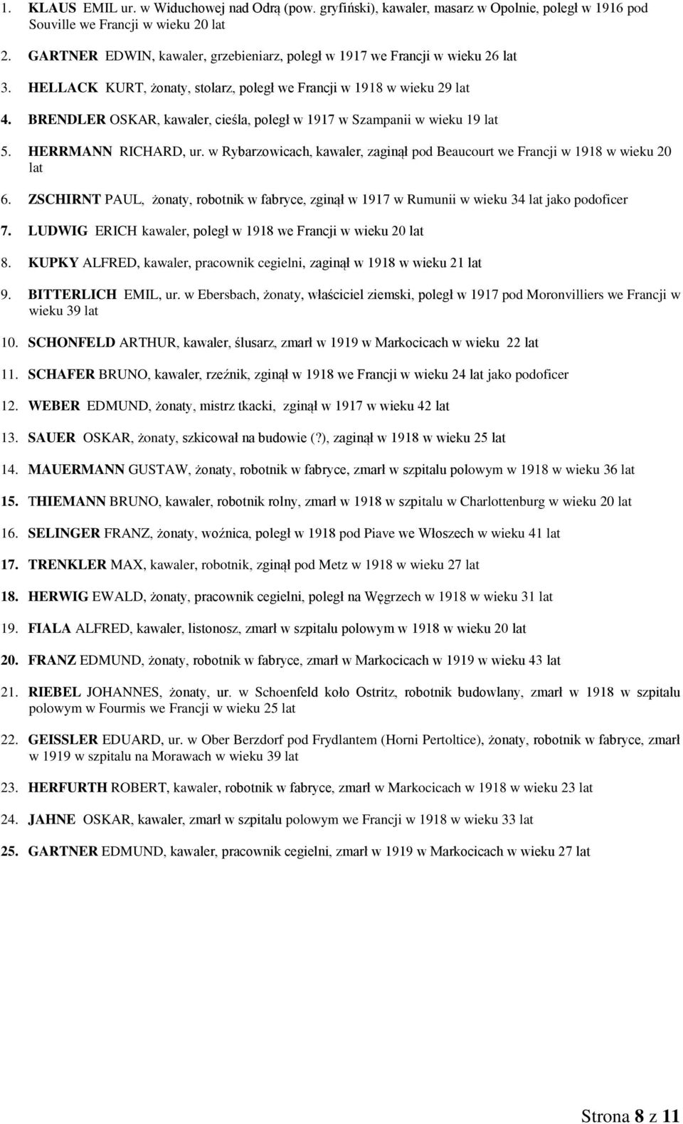 BRENDLER OSKAR, kawaler, cieśla, poległ w 1917 w Szampanii w wieku 19 lat 5. HERRMANN RICHARD, ur. w Rybarzowicach, kawaler, zaginął pod Beaucourt we Francji w 1918 w wieku 20 lat 6.
