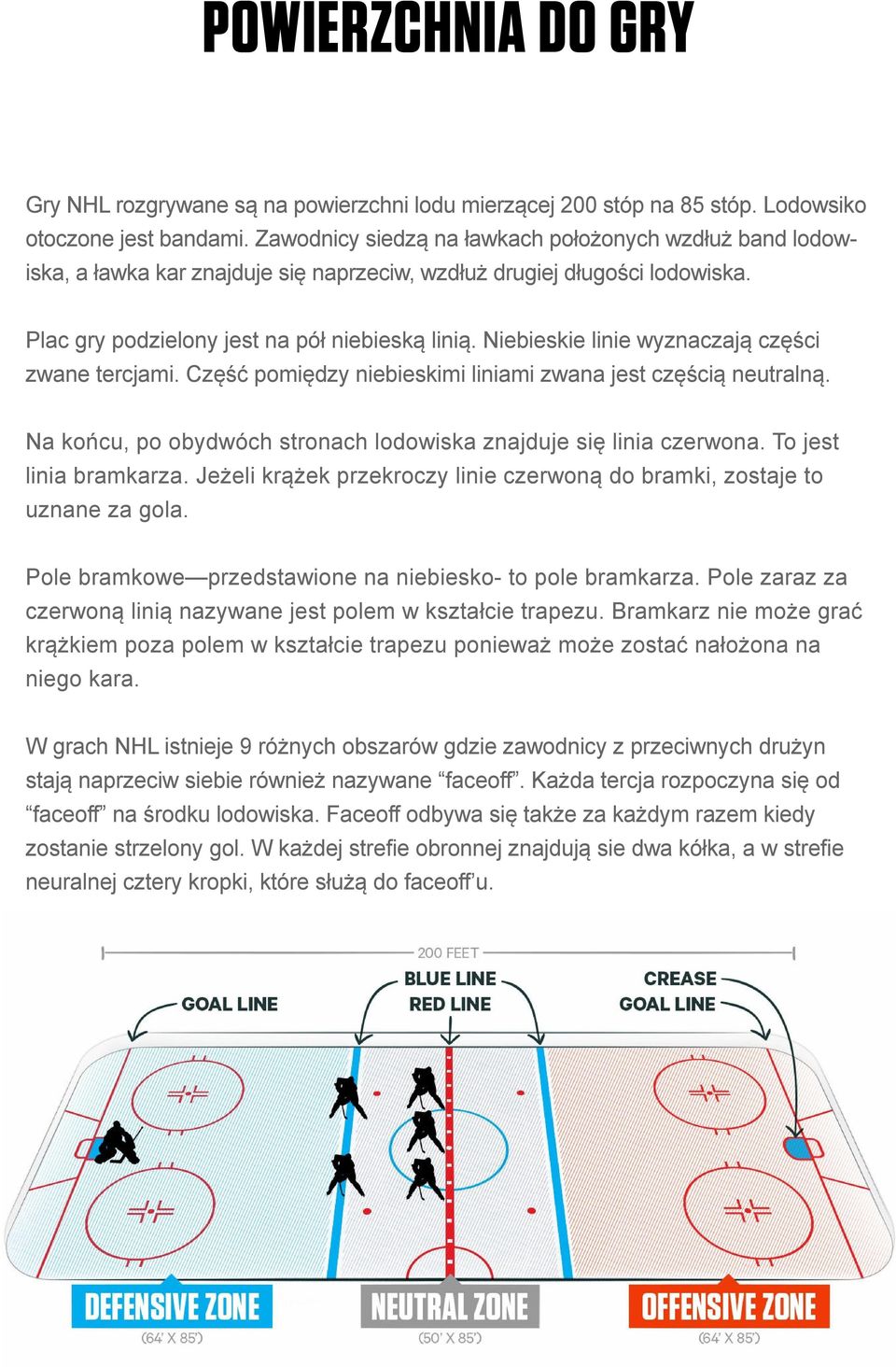 Niebieskie linie wyznaczają części zwane tercjami. Część pomiędzy niebieskimi liniami zwana jest częścią neutralną. Na końcu, po obydwóch stronach lodowiska znajduje się linia czerwona.
