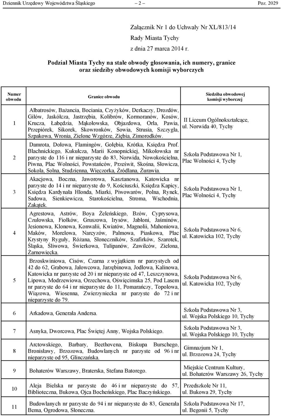 Bażancia, Bociania, Czyżyków, Derkaczy, Drozdów, Gilów, Jaskółcza, Jastrzębia, Kolibrów, Kormoranów, Kosów, Krucza, Łabędzia, Mąkołowska, Objazdowa, Orla, Pawia, Przepiórek, Sikorek, Skowronków,