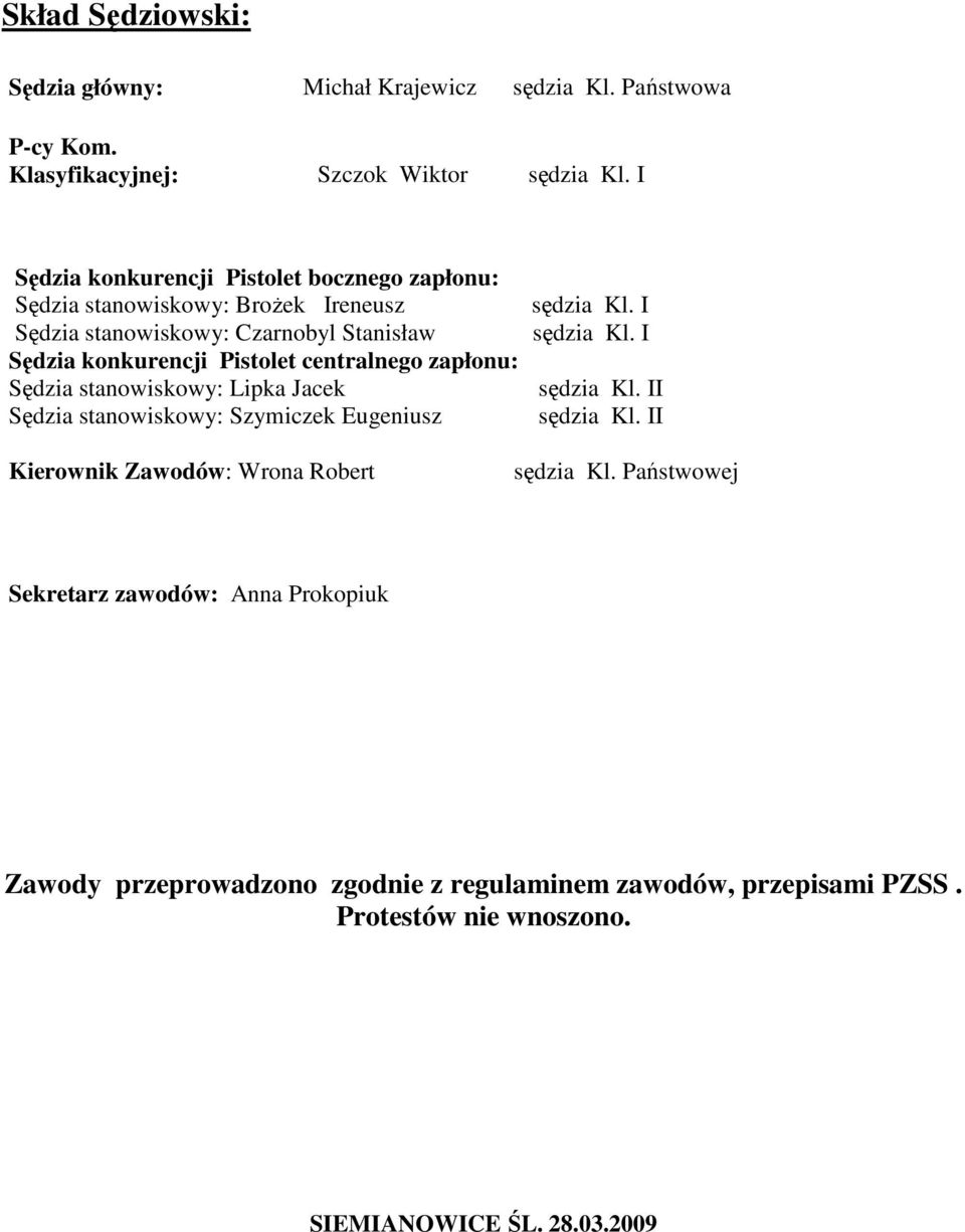 centralnego zapłonu: Sędzia stanowiskowy: Lipka Jacek Sędzia stanowiskowy: Szymiczek Eugeniusz sędzia Kl. I sędzia Kl. I sędzia Kl. II sędzia Kl.