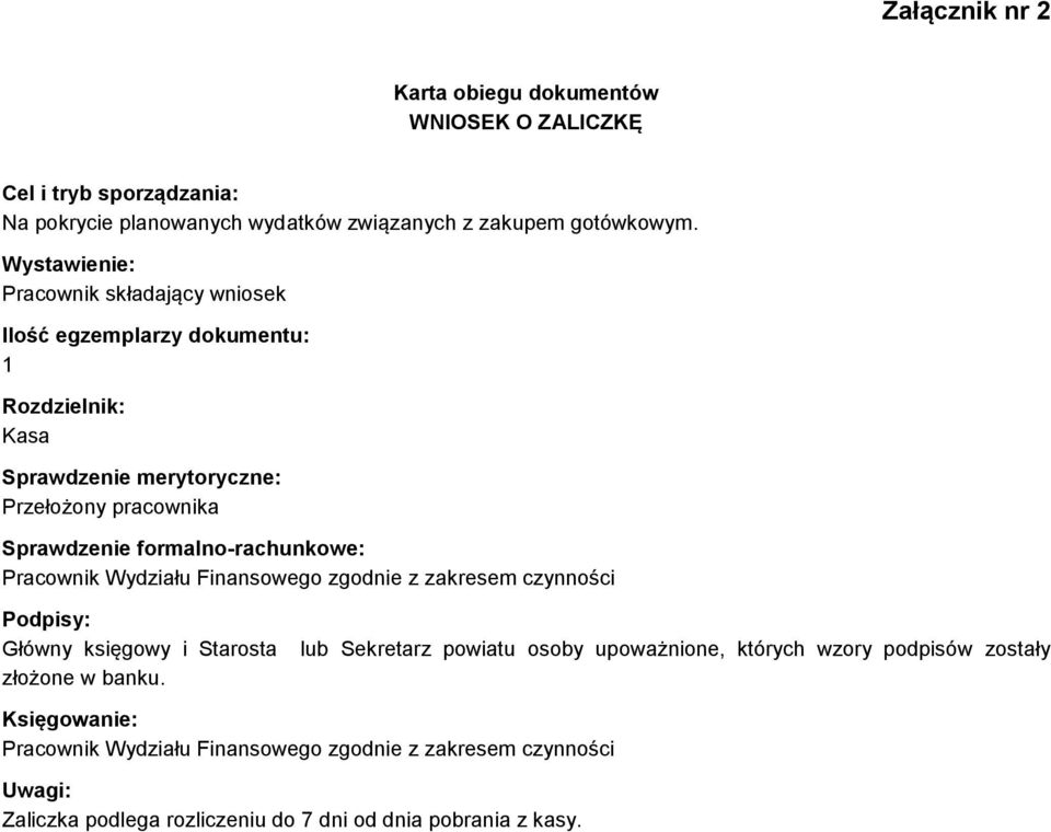 formalno-rachunkowe: Pracownik Wydziału Finansowego zgodnie z zakresem czynności Podpisy: Główny księgowy i Starosta złożone w banku.