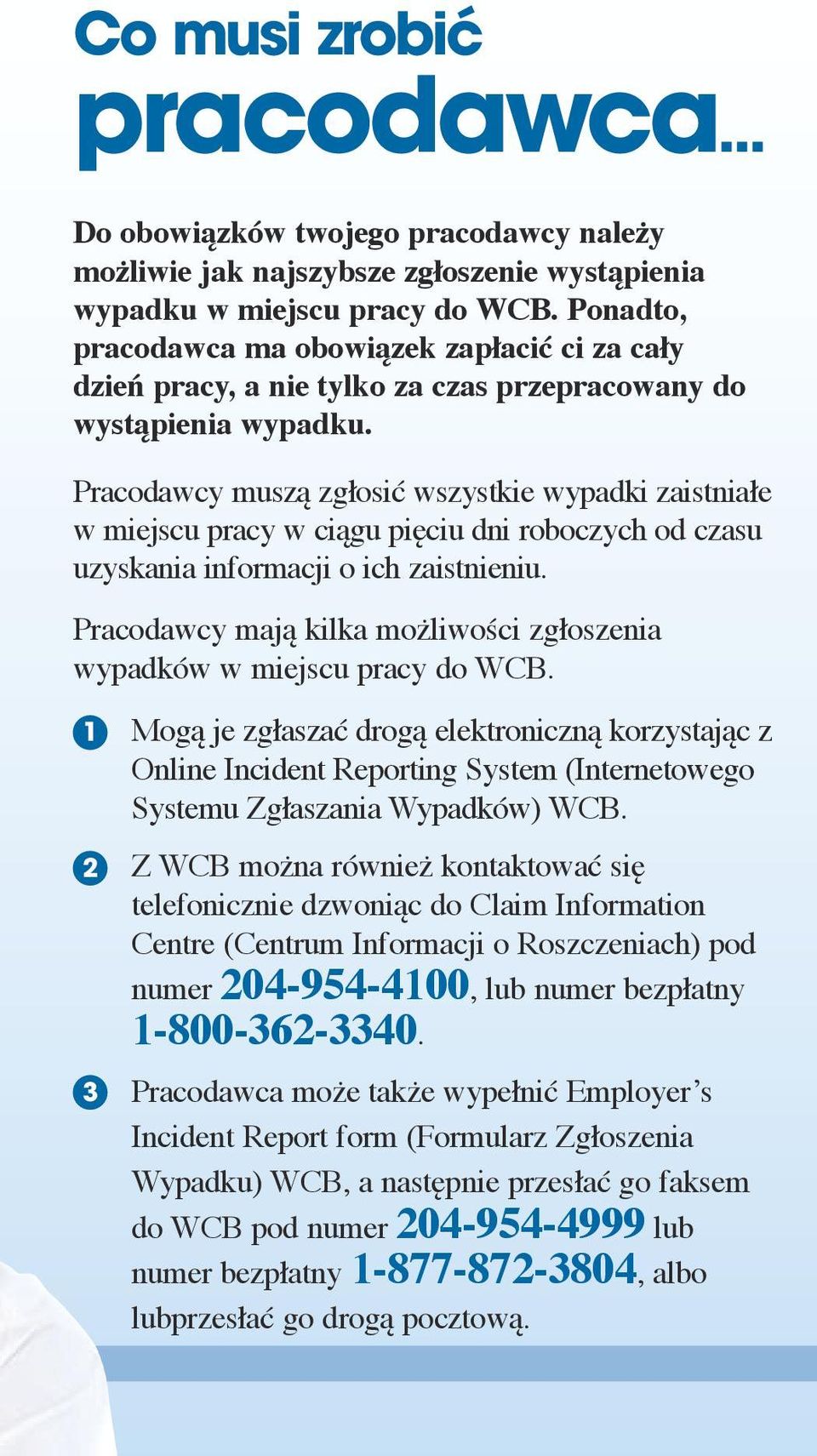 Pracodawcy muszą zgłosić wszystkie wypadki zaistniałe w miejscu pracy w ciągu pięciu dni roboczych od czasu uzyskania informacji o ich zaistnieniu.