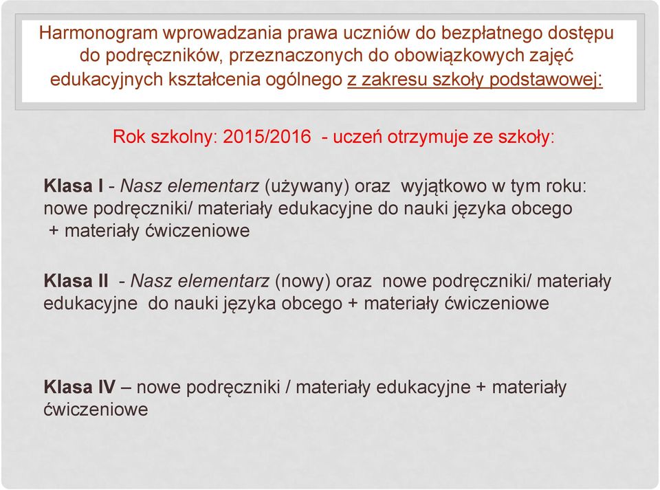 tym roku: nowe podręczniki/ materiały edukacyjne do nauki języka obcego + materiały ćwiczeniowe Klasa II - Nasz elementarz (nowy) oraz nowe