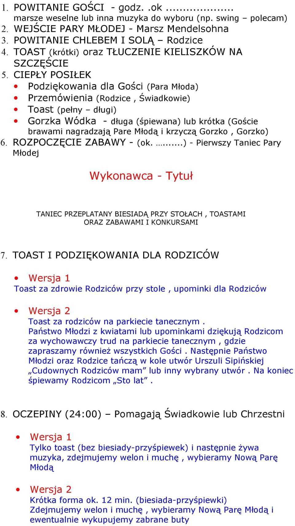 CIEPŁY POSIŁEK Podziękowania dla Gości (Para Młoda) Przemówienia (Rodzice, Świadkowie) Toast (pełny długi) Gorzka Wódka - długa (śpiewana) lub krótka (Goście brawami nagradzają Pare Młodą i krzyczą